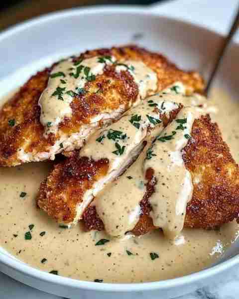 Parmesan Crusted Chicken with Creamy Garlic Sauce Ingredients For the Chicken: • 2 boneless, skinles...