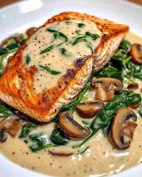 garlic butter salmon with spinach & mushrooms in creamy sauce a rich and flavorful dish featuring t...