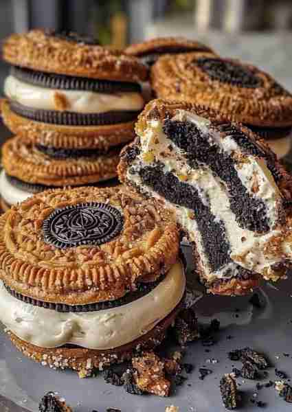 Oreo Ice Cream Sandwiches with a twist of sweetness and crunch! Ingredients: Oreo cookies (regular...