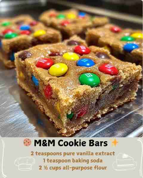 🍪 M&M Cookie Bars ✨ Ingredients: For the Cookie Bars: 1 cup (2 sticks) unsalted butter, melted 1 c...