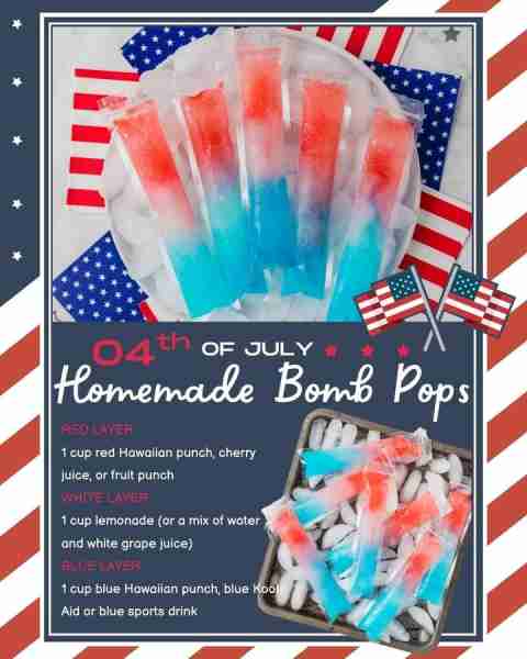 HOMEMADE BOMB POPS! Red Layer 1 cup red Hawaiian punch, cherry juice, or fruit punch White Layer 1 c...
