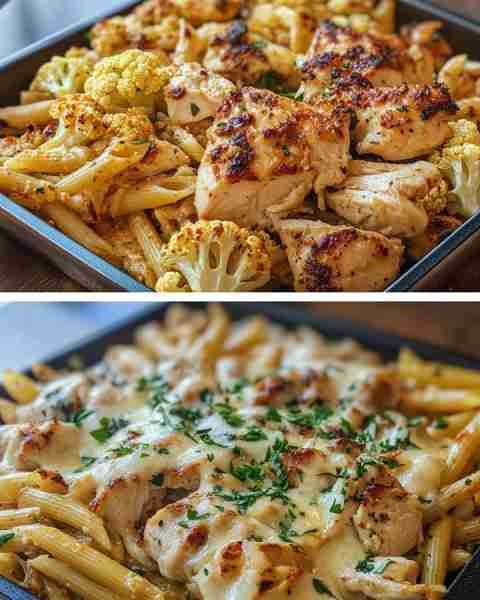Roasted Cauliflower and Chicken with Creamy Penne Golden Roasted Cauliflower & Herb Chicken over Cre...