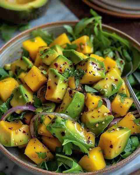 Avocado Mango Salad Ingredients: 1 ripe avocado, cubed 1 ripe mango, cubed 1/4 red onion, thinly sl...