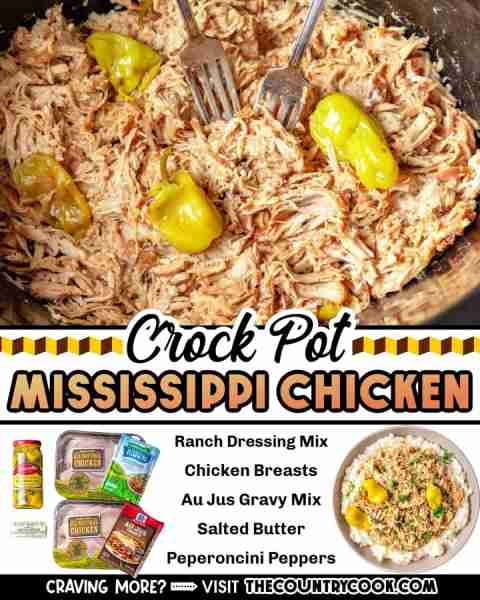 Crock Pot Mississippi Chicken is made with chicken breasts, au jus gravy, ranch seasoning, real butt...