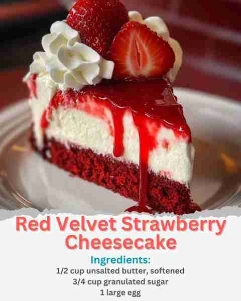 Red Velvet Strawberry Cheesecake Ingredients: For the red velvet cake base: 1/2 cup unsalted butter,...