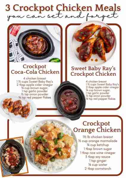 3 Awesome Crockpot Chicken Meals!!! ~~~~~~ Sweet Baby Ray’s Crockpot Chicken 4 chicken breast 1 ½ cu...