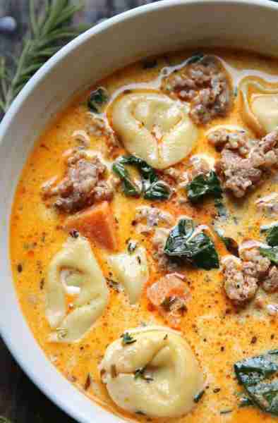 🍂ONE-POT Creamy Sausage Tortellini Soup with Spinach and Sweet Potatoes (or Carrots, or Yams).