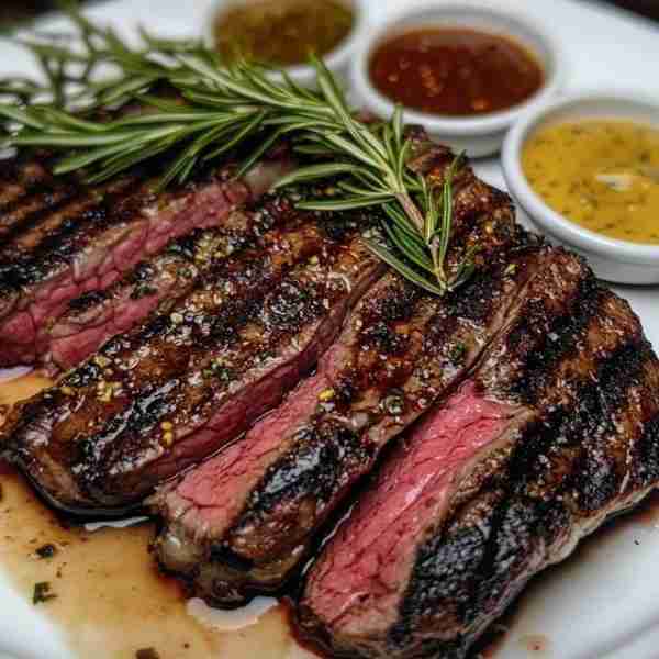 🔥 Garlic Herb Butter Steak with Trio of Sauces 🥩 A juicy, flame-kissed steak seared to perfection...