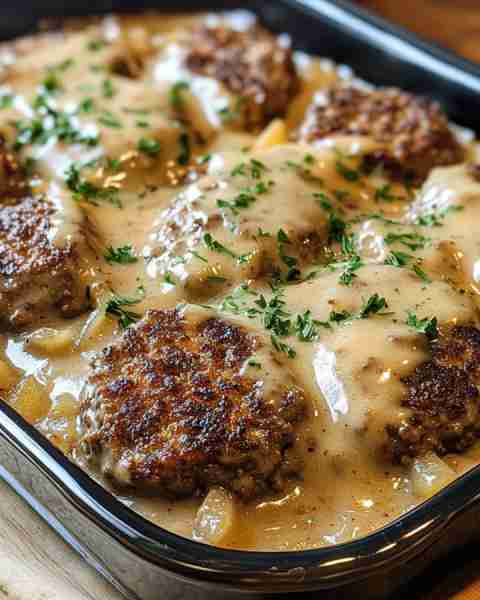 Amish Hamburger Steak Bake Ingredients 🥩 1 1/2 lbs ground beef 🧂 1 teaspoon salt 🌶️ 1/2 teaspoon b...