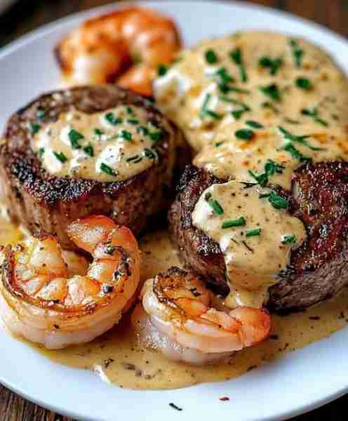 Surf and Turf with Creamy Garlic Sauce 🥩🍤🧄 Ingredients 🛒 For the Steak: 2 filet mignon steaks (o...