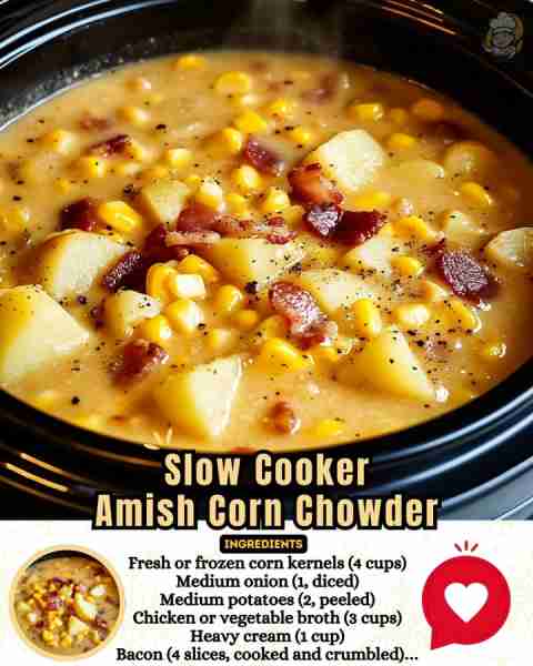🍲 Slow Cooker Amish Corn Chowder ❄️ 📝 Ingredients: • 4 cups fresh or frozen corn kernels • 1 mediu...