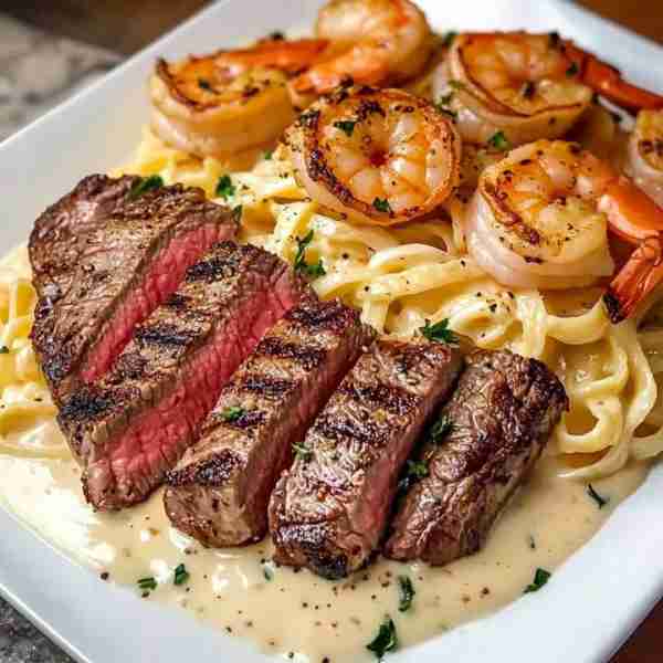 Steak and Shrimp Alfredo Fettuccine Ingredients: For the Steak: 1 ribeye or sirloin steak (1–1.5 inc...