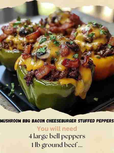 Mushroom BBQ Bacon Cheeseburger Stuffed Peppers A must-try recipe! Ingredients: 4 large bell pepper...
