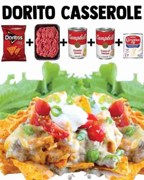 Dorito Casserole - Layers of crunched-up Dorito chips, ground beef, and an ooey-gooey cheese sauce!...