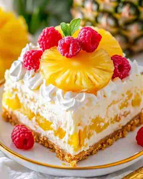 🍍 No-Bake Pineapple Heaven Cheesecake 🍰 Luscious layers of whipped pineapple cheesecake on a golde...