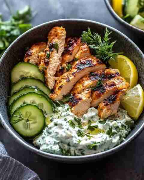Greek Chicken Tzatziki Bowl 🍗🥒🍋🌿 Ingredients: 🍗 Grilled chicken breast (sliced) 🥒 Sliced cucum...