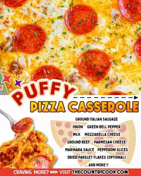 Puffy Pizza Casserole is like a meat lovers pizza all tossed in a casserole dish – flavorful with me...
