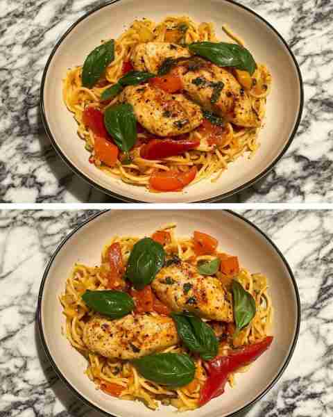 Roasted Bell Pepper Chicken with Basil Pasta Herb-Infused Chicken and Basil Pasta with Roasted Red P...
