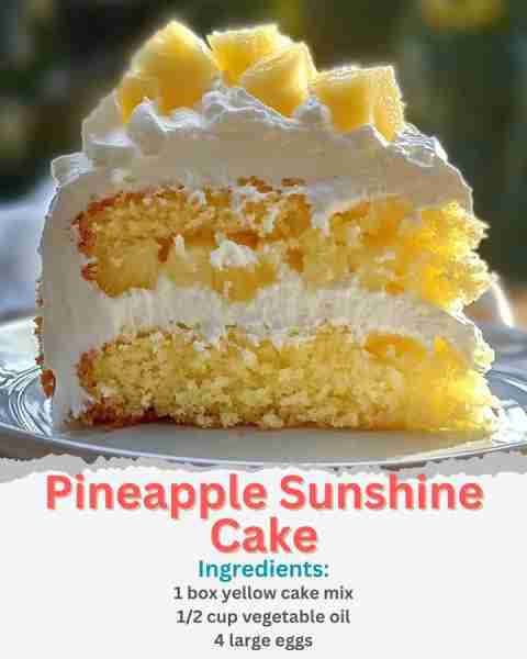 Pineapple Sunshine Cake Ingredients: For the cake: 1 box yellow cake mix 1/2 cup vegetable oil 4 lar...