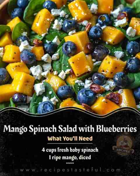 Mango Spinach Salad with Blueberries, Feta & Honey-Lemon Dressing Ingredients: 4 cups fresh baby spi...