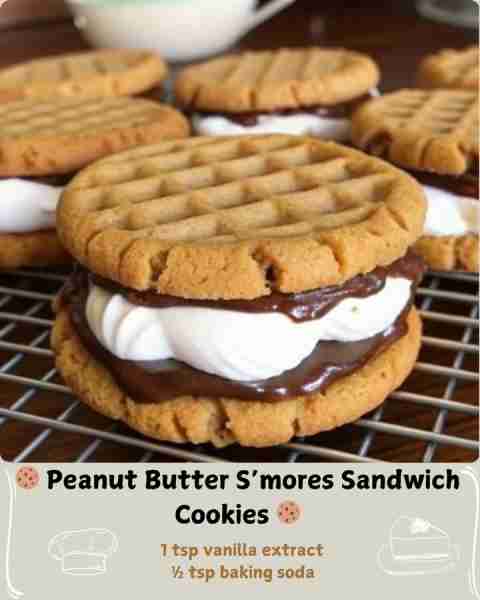🍪 Peanut Butter S’mores Sandwich Cookies 🍪 Ingredients: For the Peanut Butter Cookies : 1 cup crea...