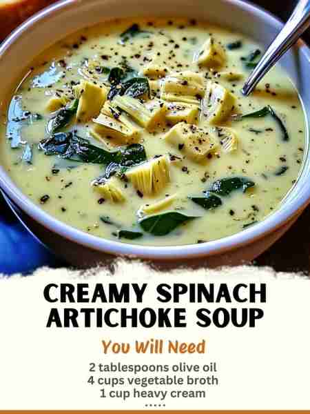 Creamy Spinach Artichoke Soup Ingredients: 2 tablespoons olive oil 1 medium onion, chopped 3 clov...