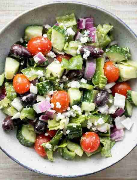 The Perfect Greek Salad Ingredients : Fruits and vegetables: • 1 1/2 cups Cucumber • 1 cup Grape tom...