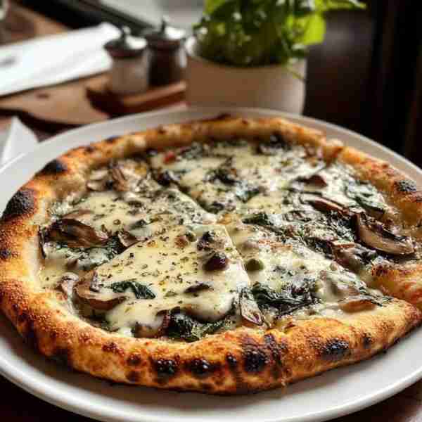 Rustic Alfredo Mushroom & Spinach Pizza with Capers 🍽️ Makes 1 large pizza ⏱️ Prep Time: 25 mins (pl...