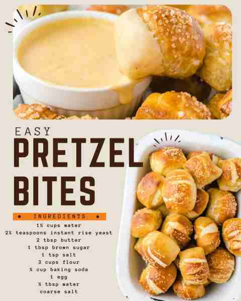 Homemade, easy pretzel bites!!! INGREDIENTS: 1½ cups water, lukewarm 2¼ teaspoons instant rise yeast...