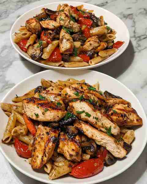 Balsamic Roasted Veggie Pasta with Grilled Chicken Charred Balsamic Veggie Linguine with Juicy Grill...