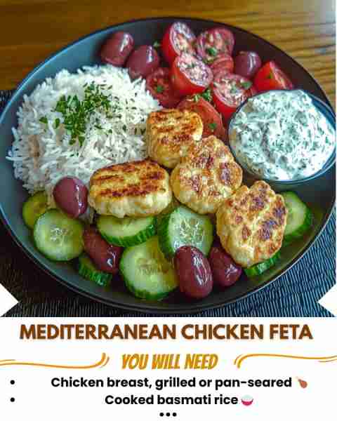 Mediterranean Chicken Feta Bowl 🥗🍗🌿 Prep Time: 15 minutes Cook Time: 10 minutes Servings: 2 Calor...