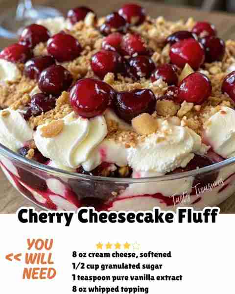 🍰 Cherry Cheesecake Fluff 🍒 Ingredients 8 oz cream cheese, softened 1/2 cup granulated sugar 1 tea...