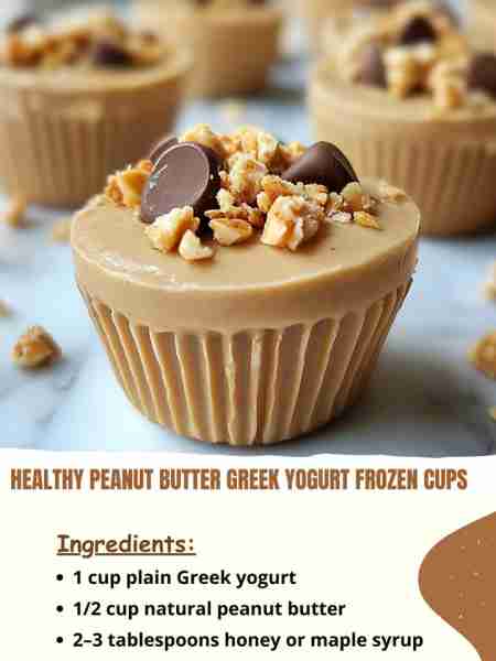 Healthy Peanut Butter Greek Yogurt Frozen Cups Ingredients: 1 cup plain Greek yogurt (preferably ful...