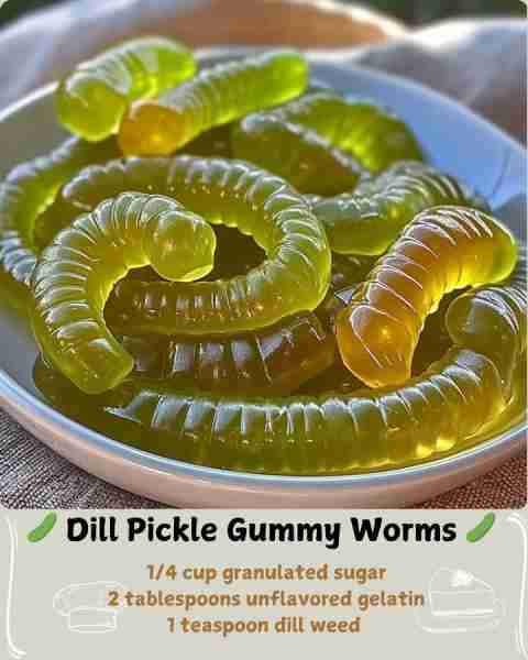 🥒 Dill Pickle Gummy Worms 🥒 Ingredients: For the Gummy Mixture: 1 cup dill pickle juice (from a ja...