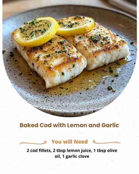 🐟🍋 Baked Cod with Lemon and Garlic 🛒 Ingredients: 4 cod fillets (about 6 oz each) 3 tbsp melted...
