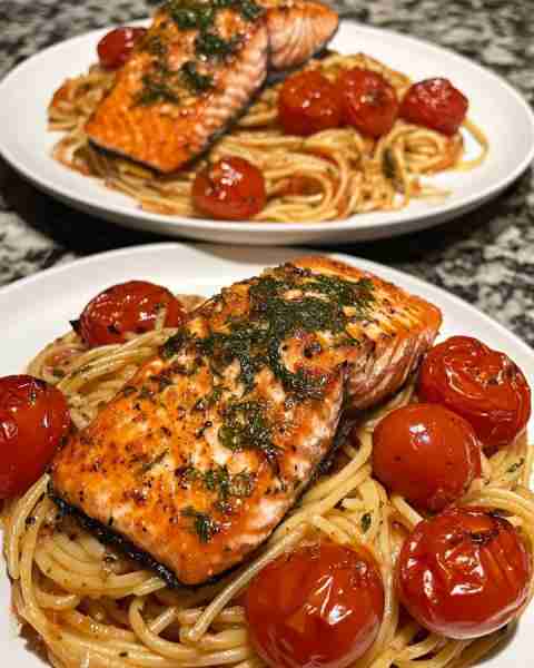 Roasted Tomato Pasta with Dill Crusted Salmon Herb-Crusted Salmon over Roasted Tomato Tagliatelle In...