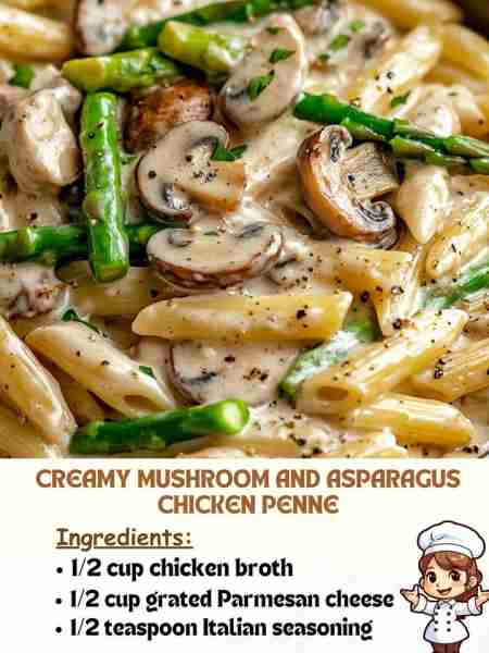 Creamy Mushroom and Asparagus Chicken Penne Ingredients: 1/2 cup chicken broth 1/2 cup grated Parmes...