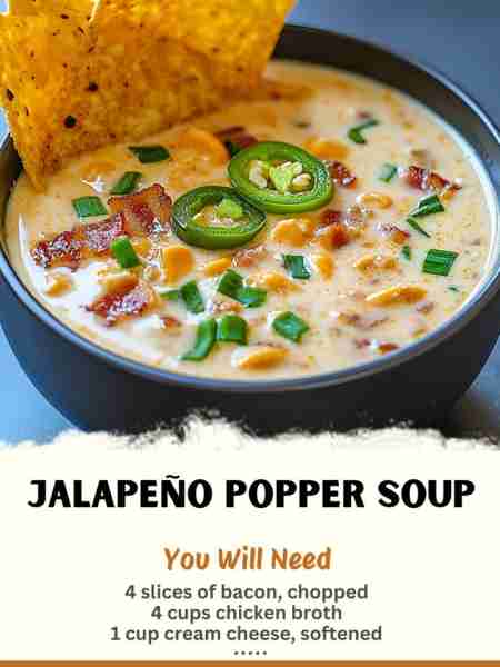 Jalapeño Popper Soup Ingredients: 4 slices of bacon, chopped 1 medium onion, diced 3 cloves garli...