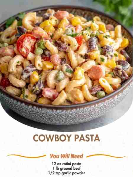 Cowboy Pasta Salad Ingredients: 12 oz rotini pasta 1 lb ground beef 1/2 tsp garlic powder 1/2 tsp on...