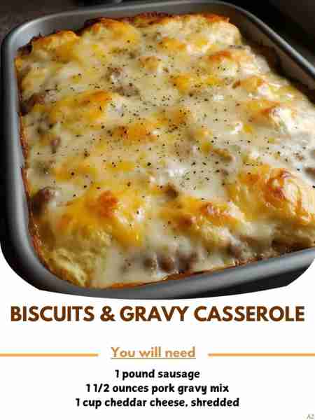 BISCUITS 🐝 & GRAVY CASSEROLE Ingredients 1 pound sausage 1 1/2 ounces pork gravy mix ( 1 package of...