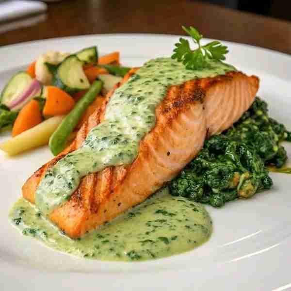 Seared Salmon with Creamy Spinach Sauce 🐟🥬 Ingredients: For the salmon: 2 salmon fillets 🐟 1 tbsp...