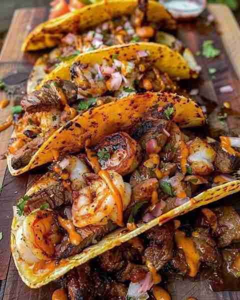 Shrimp and Steak Tacos 🌮🍤🥩 Ingredients: 1 lb shrimp, peeled and deveined 1 lb steak (flank or sir...