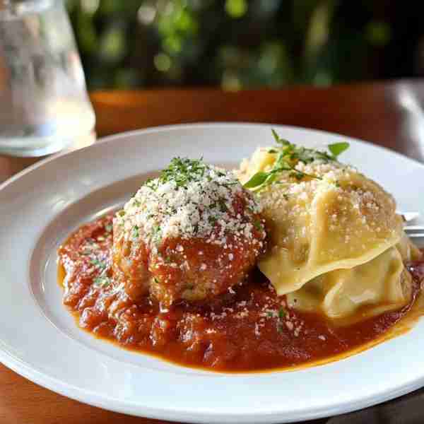 Giant Meatball with Creamy Ravioli and Marinara 🧆 For the Giant Meatball: 1 lb ground beef (or a mi...