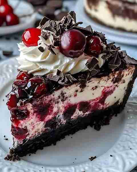 Black Forest Cheesecake Delight Ingredients: For the Crust: - 1 1/2 cups chocolate cookie crumbs - 1...