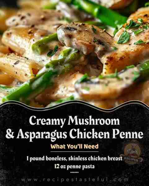 Creamy Mushroom and Asparagus Chicken Penne 12 oz penne pasta 2 tablespoons olive oil 1 pound bonele...