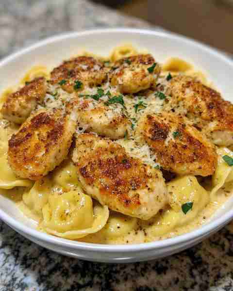 Cajun Tortellini with Garlic Parmesan Chicken bites Ingredients: 1 lb boneless, skinless chicken bre...