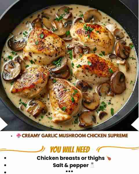 🍄 Creamy Garlic Mushroom Chicken Supreme 🍗✨ Prep Time: 10 min Cook Time: 25 min Servings: 4 Calor...