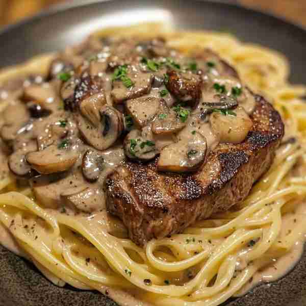 Steak with Mushroom Sauce on Pasta Ingredients: 2 (8 oz) sirloin steaks Salt and black pepper to tas...