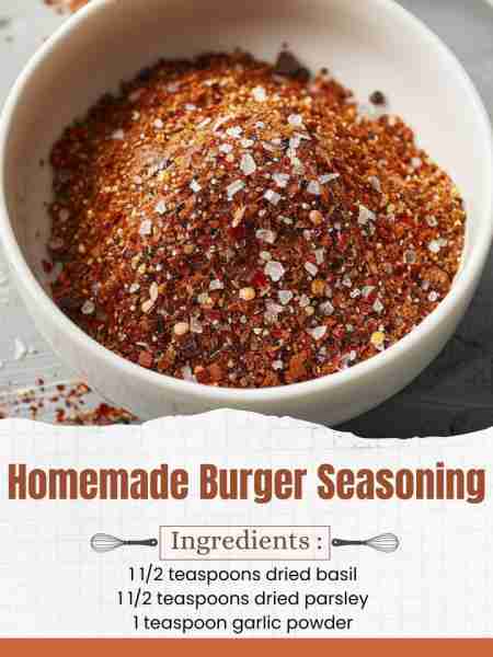 Homemade Burger Seasoning Ingredients: 1 tablespoon paprika 1 1/2 teaspoons dried basil 1 1/2 teaspo...