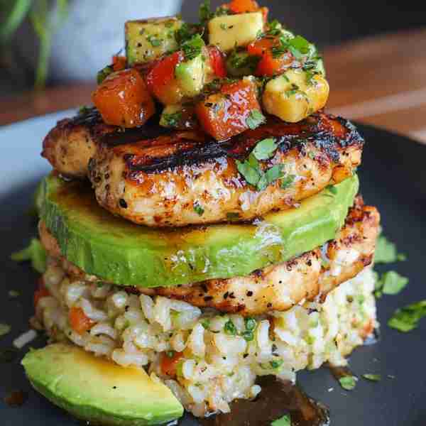 Honey Lime Chicken & Avocado Rice Stack Ingredients: 2 boneless, skinless chicken breasts Juice and...